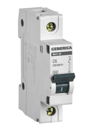 ВА47-29 1P 6А 4,5кА GENERICA (MVA25-1-006-C) Автоматический выключатель ВА47-29 1P 6А 4,5кА GENERICA (MVA25-1-006-C) Автоматический выключатель