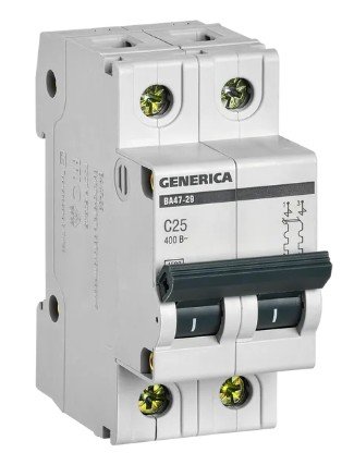 ВА47-29 2P 25А 4,5кА GENERICA (MVA25-2-025-C) Автоматический выключатель ВА47-29 2P 25А 4,5кА GENERICA (MVA25-2-025-C) Автоматический выключатель