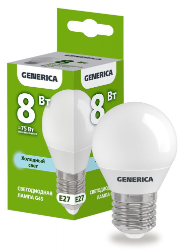 Лампа светодиодная G45 шар 8Вт 230В 6500К E27 GENERICA (LL-G45-08-230-65-E27-G) Лампа светодиодная фото 2