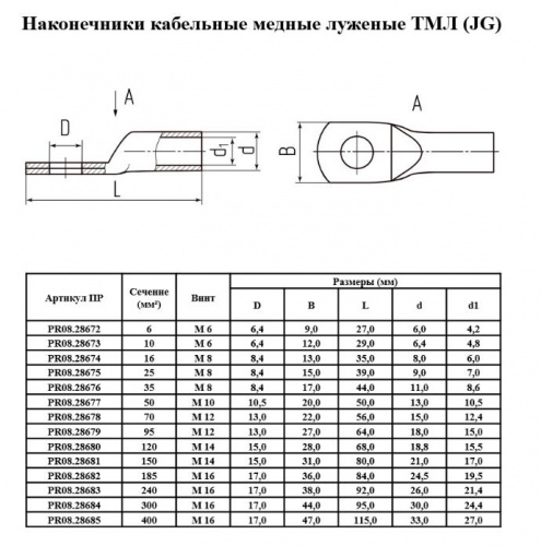 Наконечник ТМЛ (JG) 35-8-9 медный луженый (PR08.28676) Кабельный наконечник фото 2