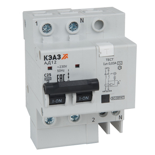 АД12-22C25-AC-УХЛ4 2п C 25А 30мА тип AC 4.5кА, КЭАЗ (318370)