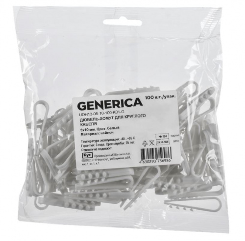 GENERICA Дюбель-хомут 5х10мм нейлон белый (100 шт) (UDH13-05-10-100-K01-G) фото 2