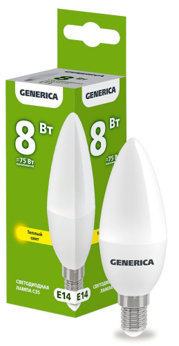 Лампа светодиодная C35 свеча 8Вт 230В 3000К E14 GENERICA (LL-C35-08-230-30-E14-G) Лампа светодиодная фото 2