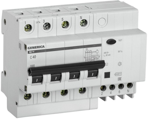 АД14 4Р 40А 30мА GENERICA (MAD15-4-040-C-030) Автоматический выключатель дифференциального тока