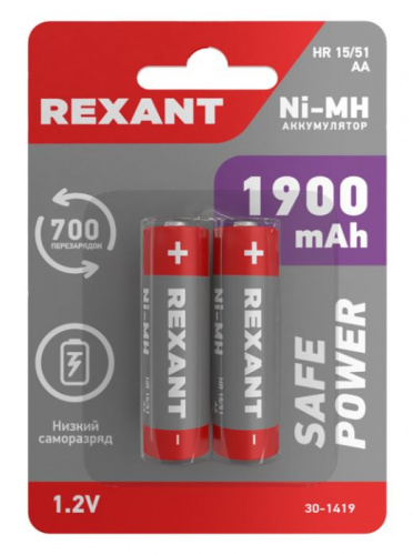Аккумулятор Ni-MH AA/HR6, 1,2В, 1900мАч, блистер REXANT (30-1419) фото 2