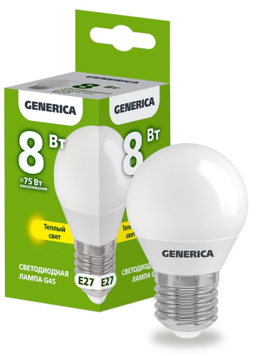 Лампа светодиодная G45 шар 8Вт 230В 3000К E27 GENERICA (LL-G45-08-230-30-E27-G) Лампа светодиодная фото 2